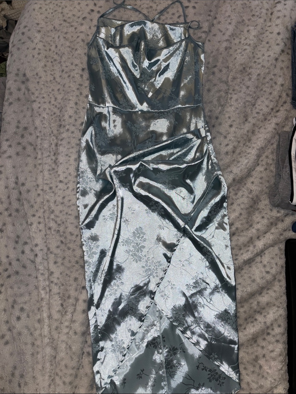 Satin Floral Slip Dress in Light Blue